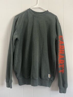 Carhartt Olive Green Crewneck with Orange Sleeve Logo